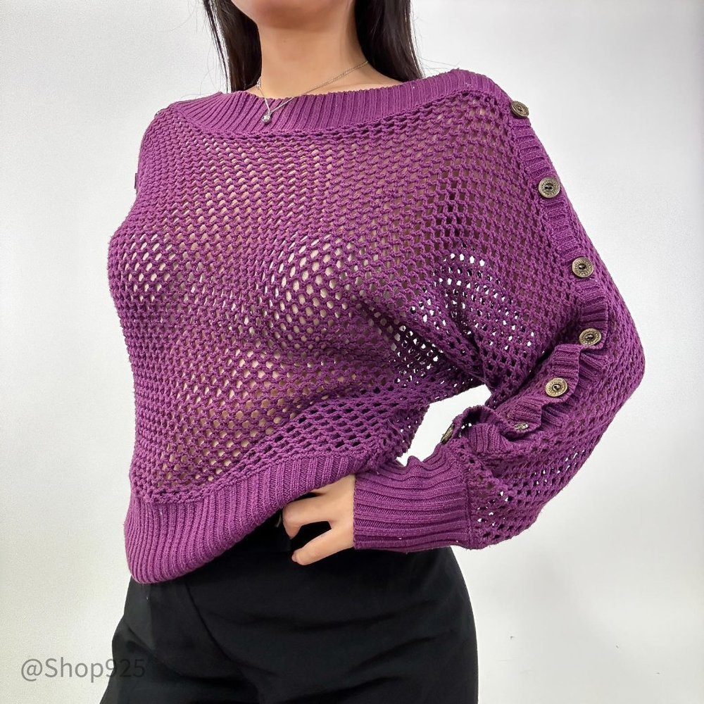 Purple Wide Mesh Long sleeve sweater with button sleeves - Picture 2 of 4